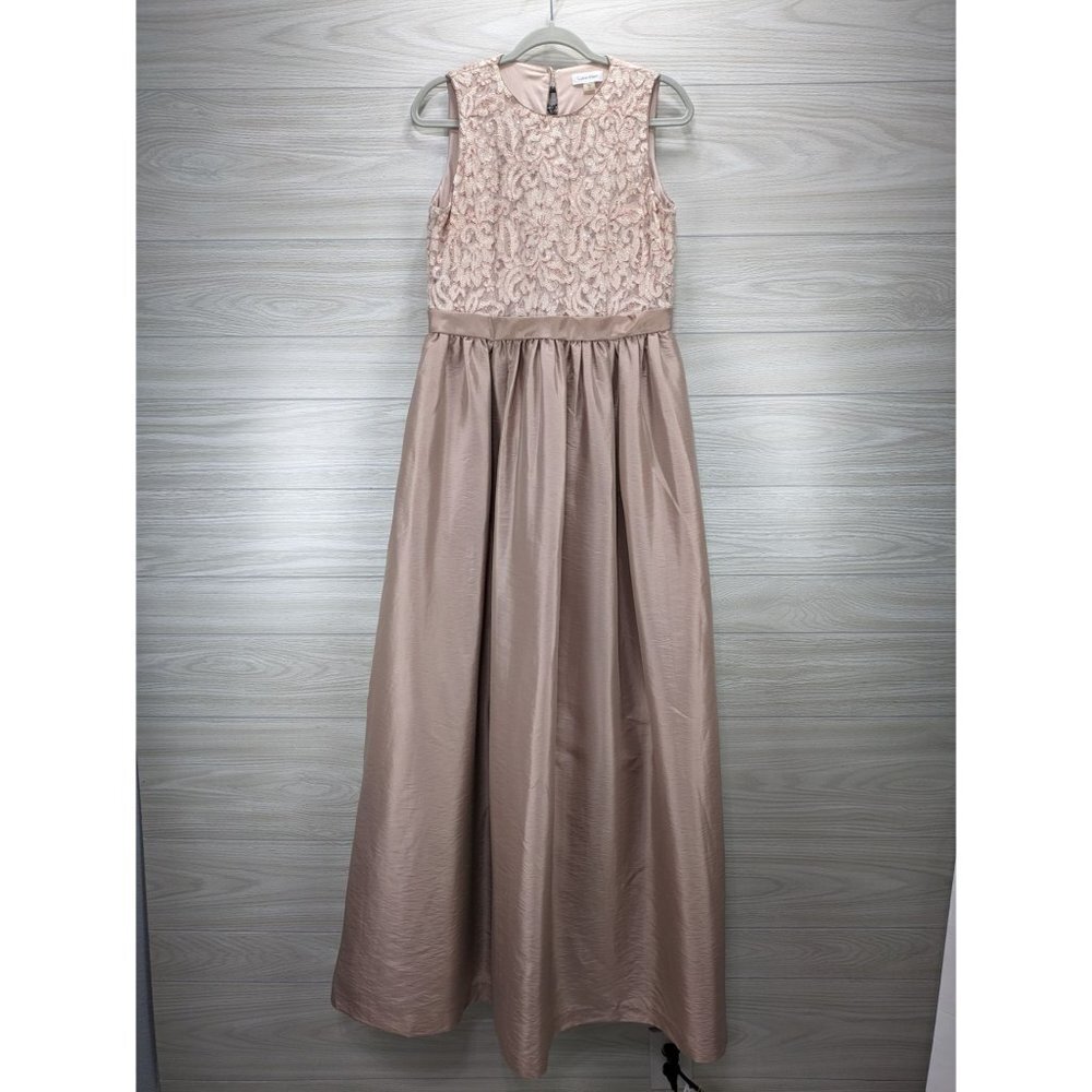 Calvin Klein Floral Lace Bodice Champagne Formal Gown